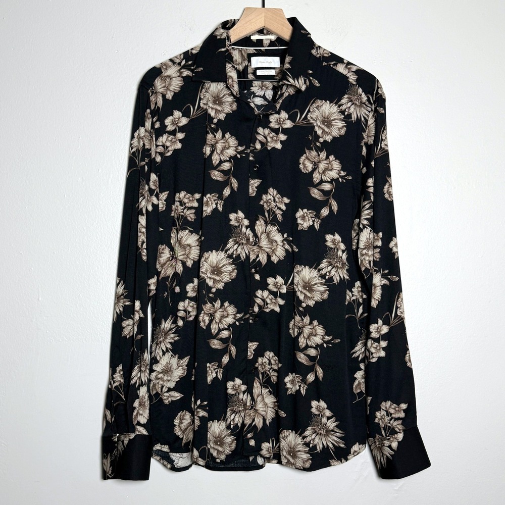 Porter & Ash Mens Button Up Shirt XL Black Beige Floral‎ Stretch Office Formal
